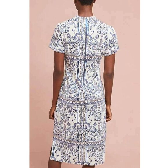 Anthropologie Dress Large Petite Blue Short Sleeve Midi Mock Neck Stretch Knit - Picture 3 of 7